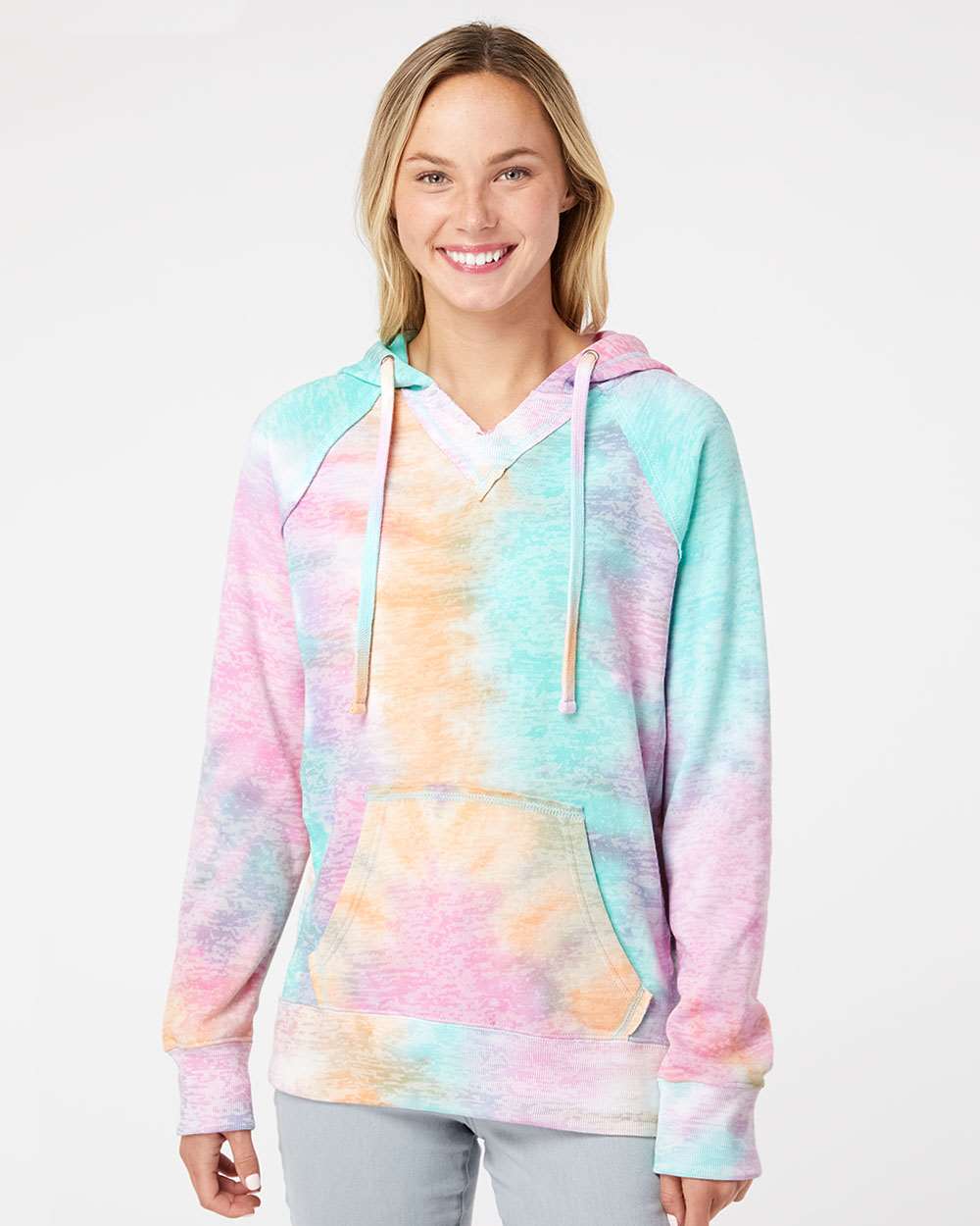 Women’s Courtney Burnout V-Notch Hooded Sweatshirt - OnModelFront - B82452983 - Rainbow Sorbet