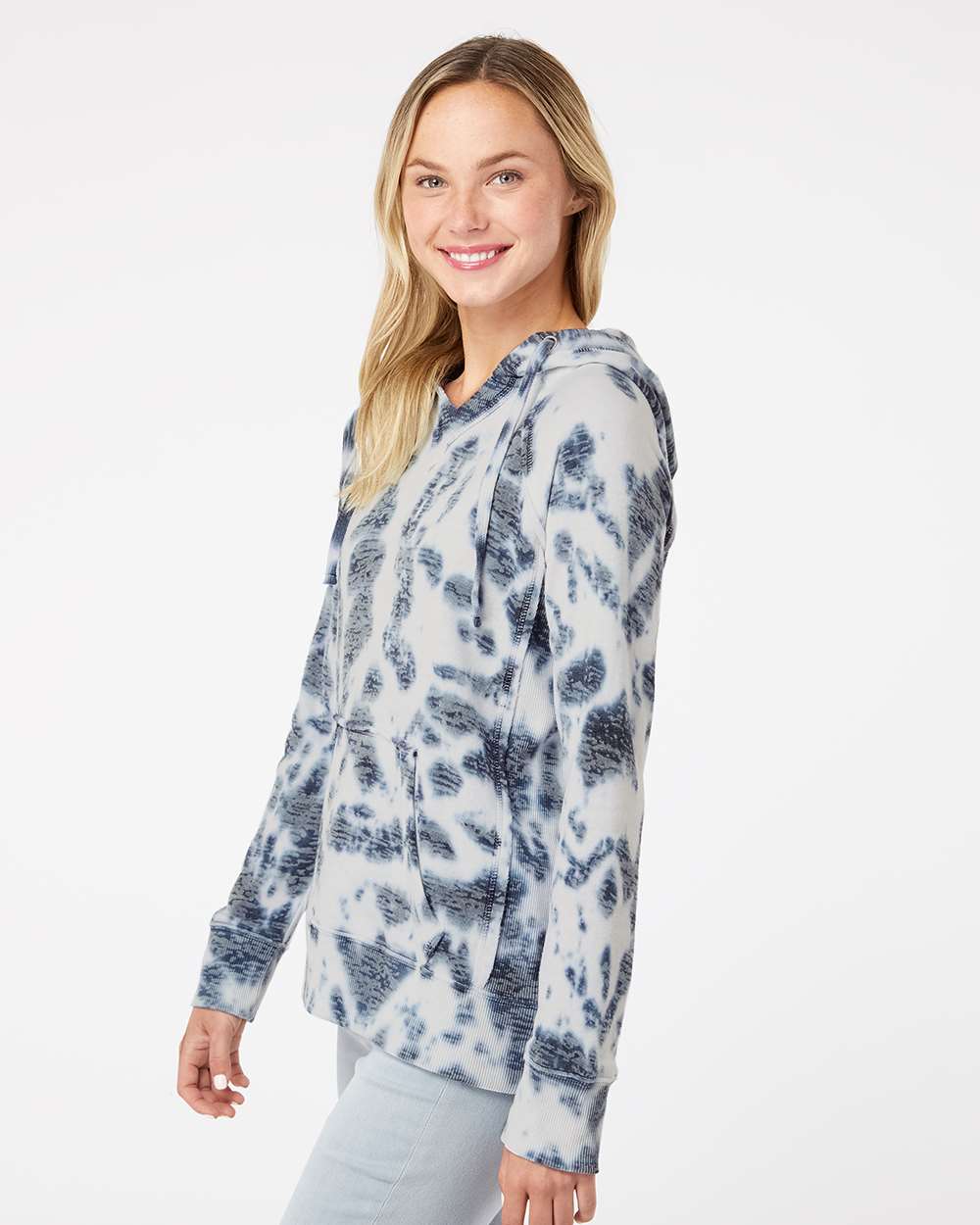 Women’s Courtney Burnout V-Notch Hooded Sweatshirt - OnModelSide - B82452653 - Navy Tie Dye