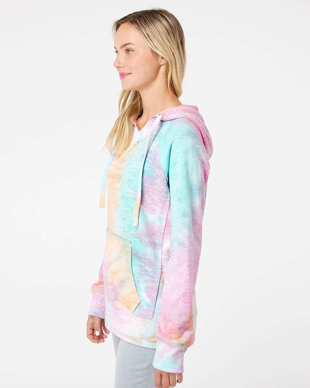 Women’s Courtney Burnout V-Notch Hooded Sweatshirt - OnModelSide - B82452983 - Rainbow Sorbet