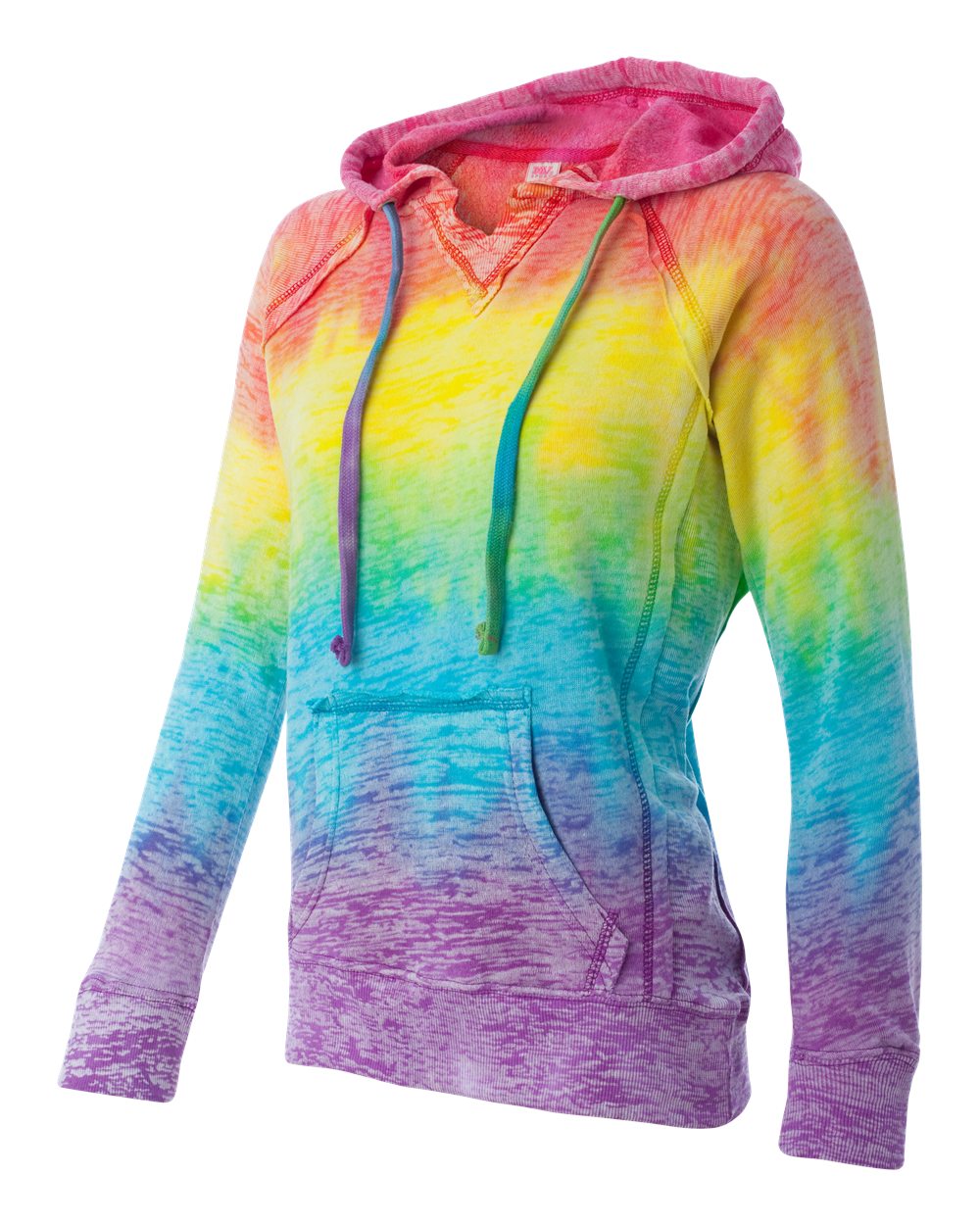 Women’s Courtney Burnout V-Notch Hooded Sweatshirt - Side - B82452993 - Rainbow Stripe