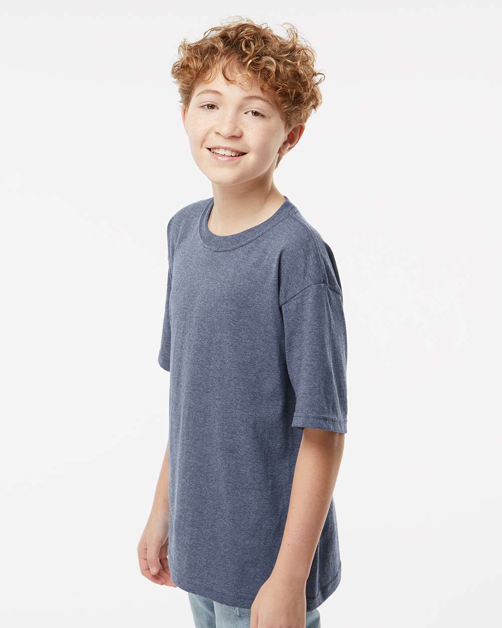 Youth Gold Soft Touch T-Shirt - OnModelSide - B01842102 - Heather Navy