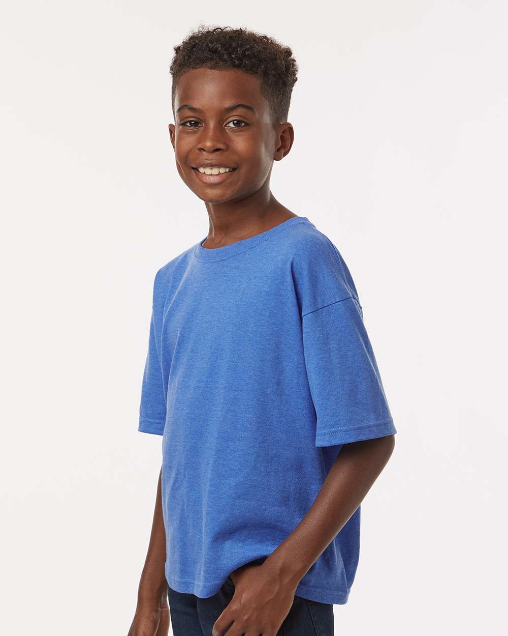 Youth Gold Soft Touch T-Shirt - OnModelSide - B01842762 - Heather Royal