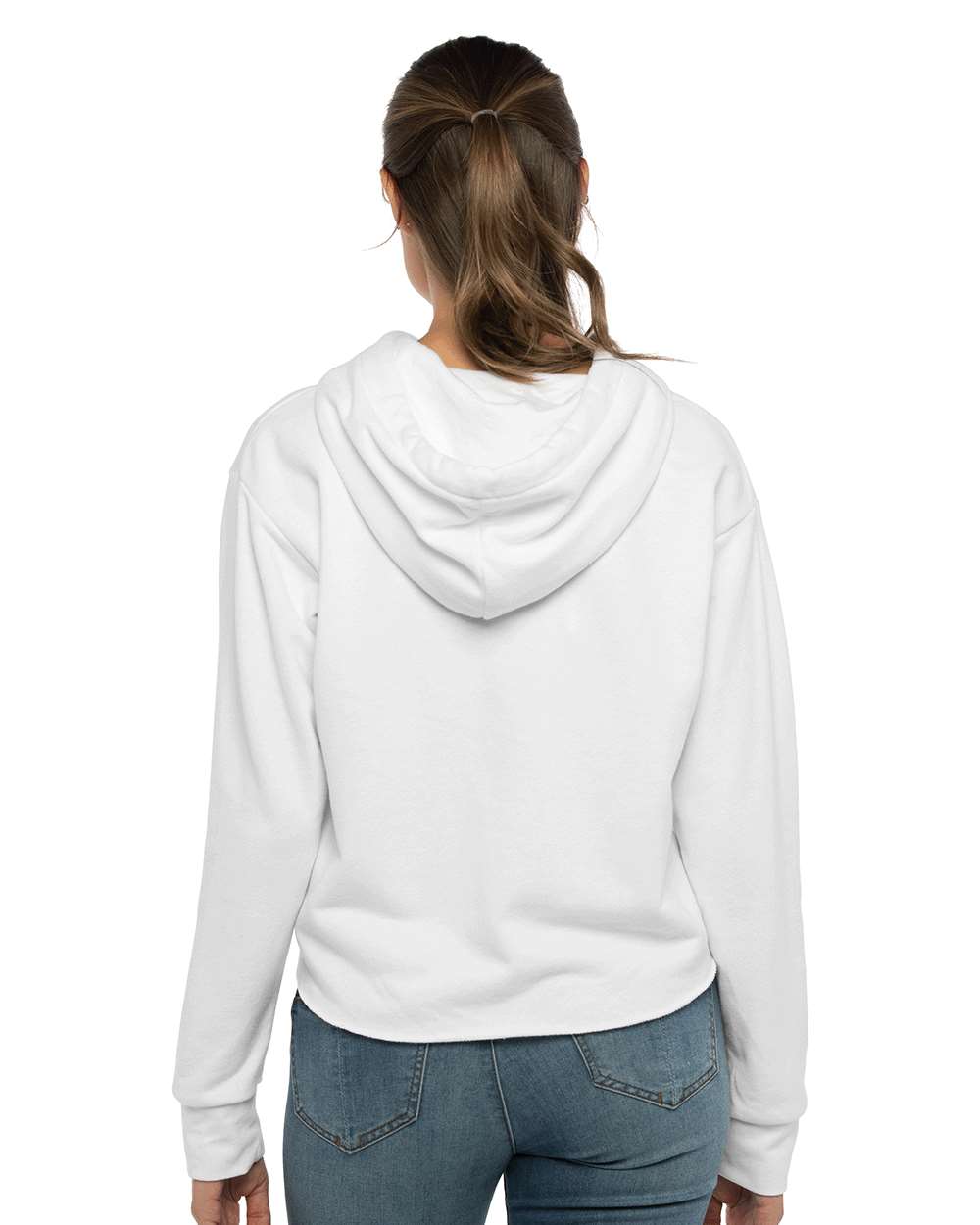 Women's Laguna Sueded Raw Edge Crop Hoodie Sweatshirt - OnModelBack - B03218003 - White
