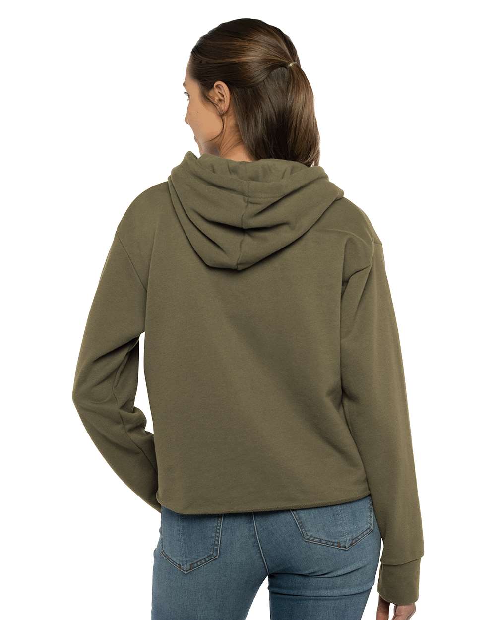 Women's Laguna Sueded Raw Edge Crop Hoodie Sweatshirt - OnModelBack - B03218062 - Military Green
