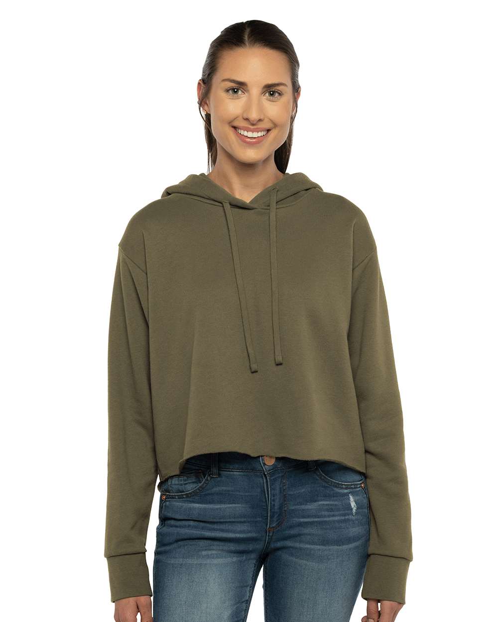 Women's Laguna Sueded Raw Edge Crop Hoodie Sweatshirt - OnModelFront - B03218062 - Military Green