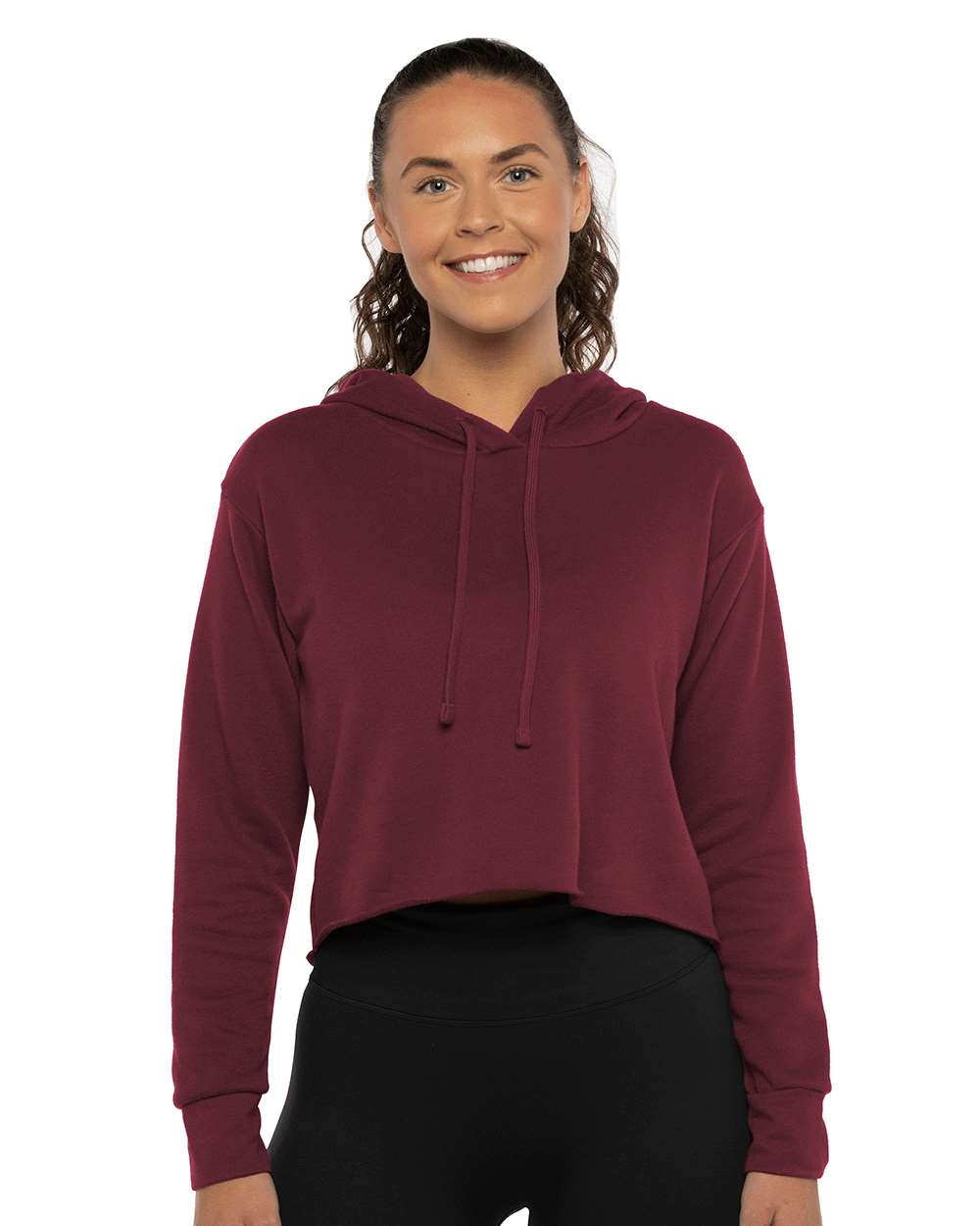 Women's Laguna Sueded Raw Edge Crop Hoodie Sweatshirt - OnModelFront - B03218532 - Maroon