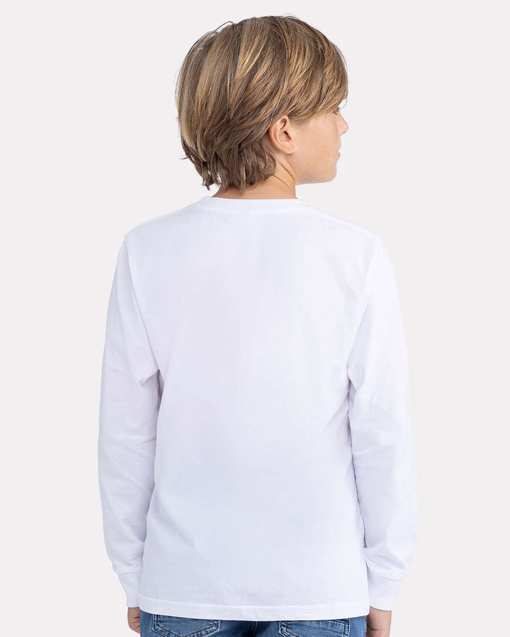 Youth Cotton Long Sleeve T-Shirt - OnModelBack - B04118002 - White