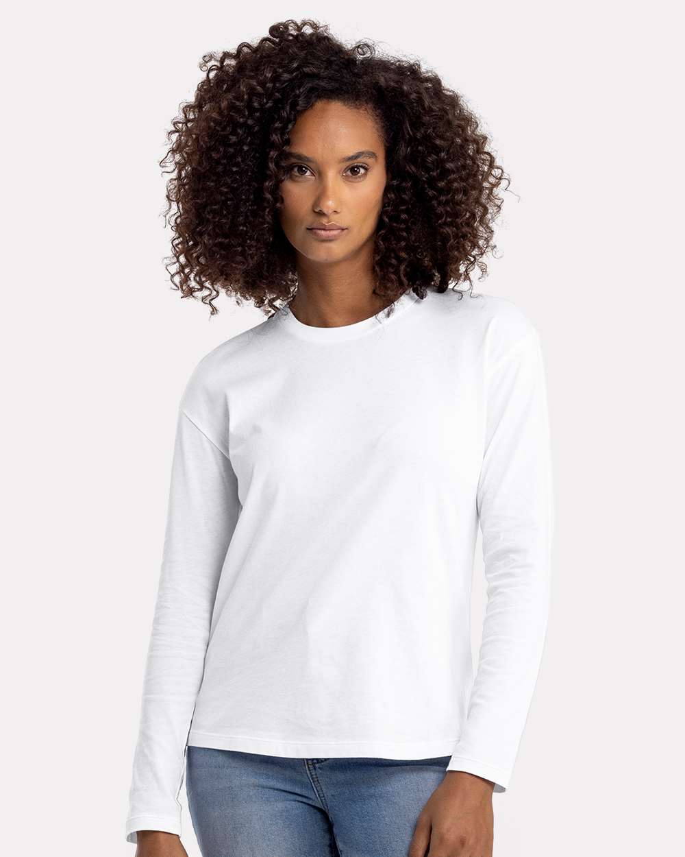 Women's Cotton Relaxed Long Sleeve T-Shirt - OnModelFront - B04418002 - White
