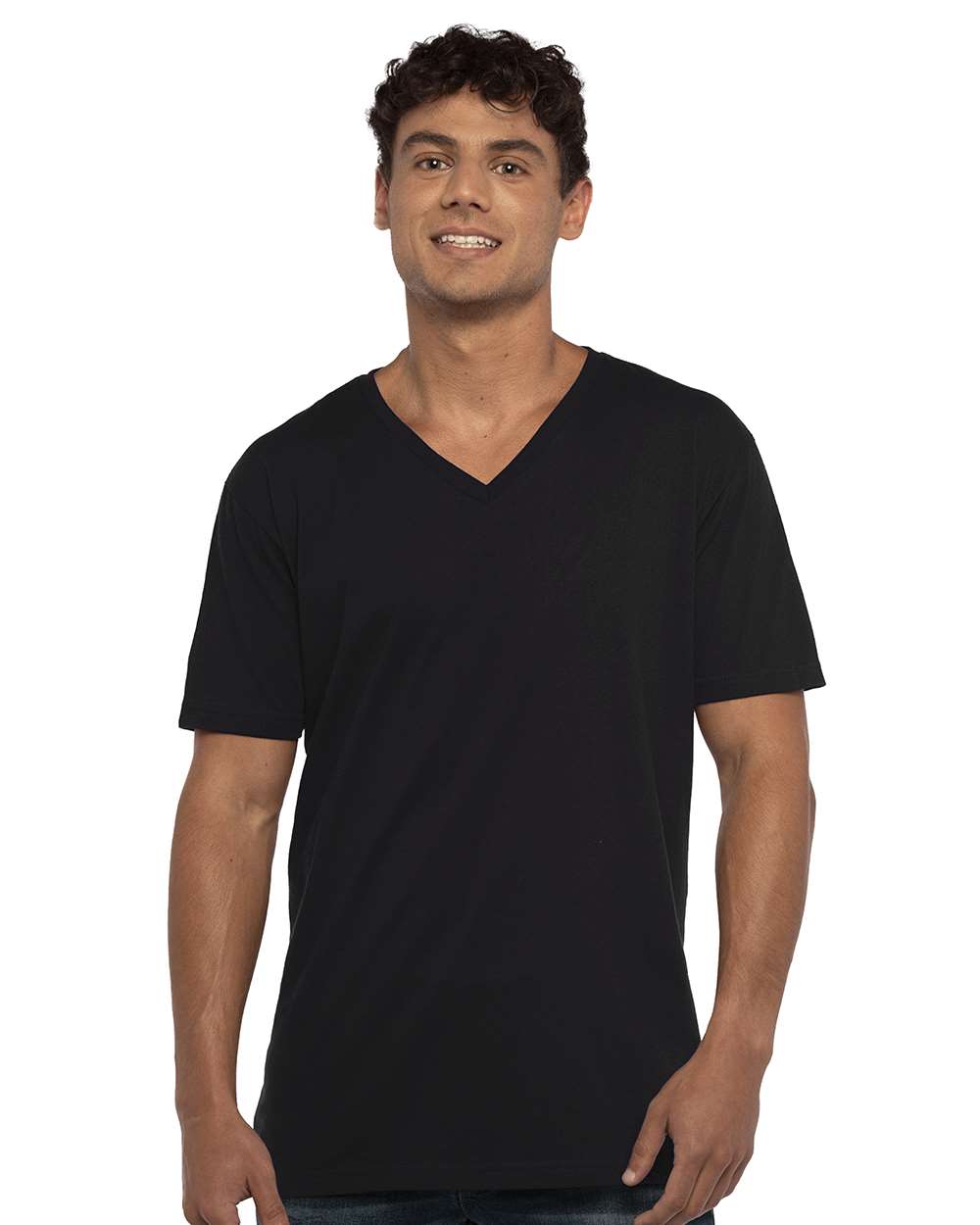 Unisex Cotton V-Neck T-Shirt - OnModelFront - B87318502 - Black