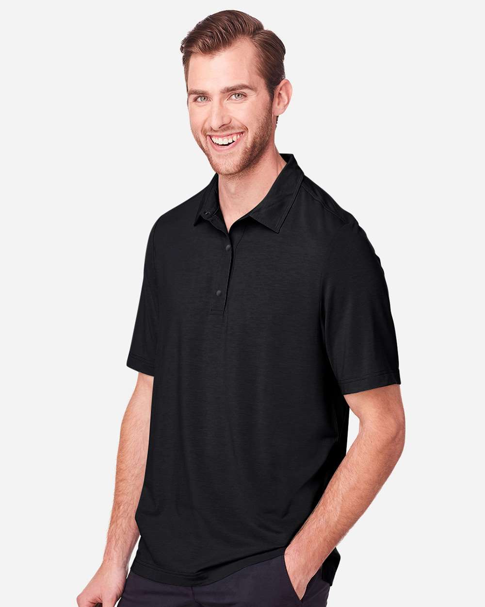 Men's JAQ Snap-Up Stretch Performance Polo - OnModelSide - B157D3503 - Black