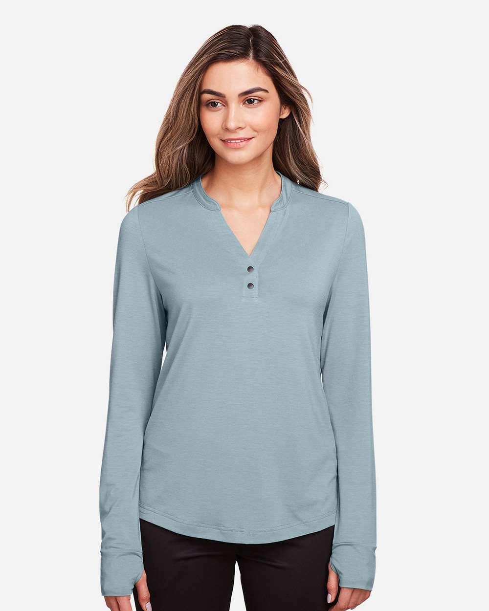 Women's JAQ Stretch Performance V-Neck Snap Pullover - OnModelFront - B171D3252 - Opal Blue
