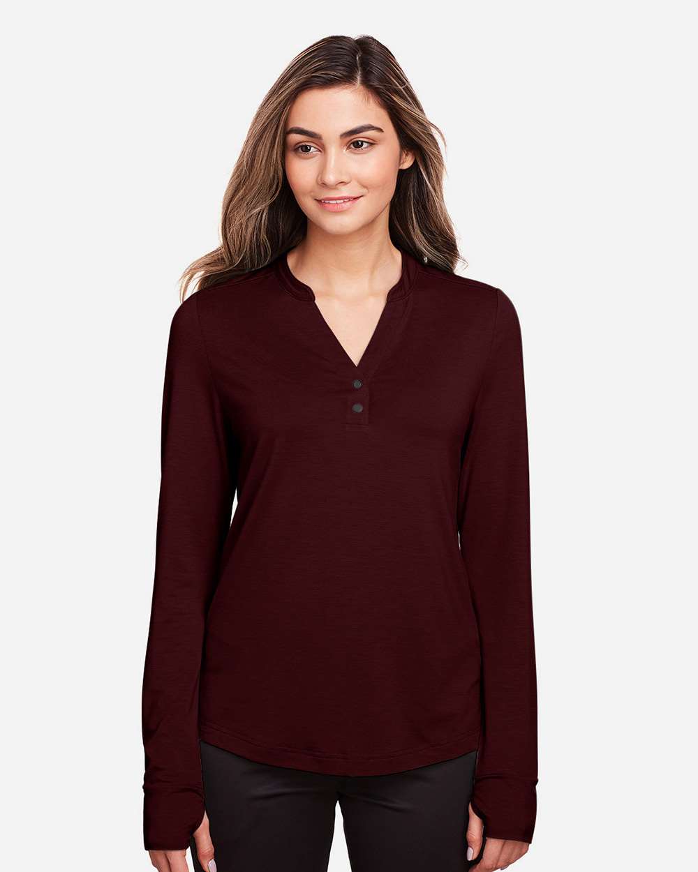 Women's JAQ Stretch Performance V-Neck Snap Pullover - OnModelFront - B171D3532 - Burgundy