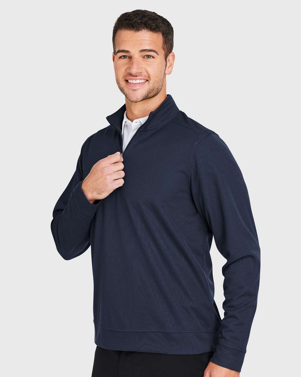 Men's Express Tech Performance Pique Quarter-Zip Pullover - OnModelSide - B176D3653 - Classic Navy