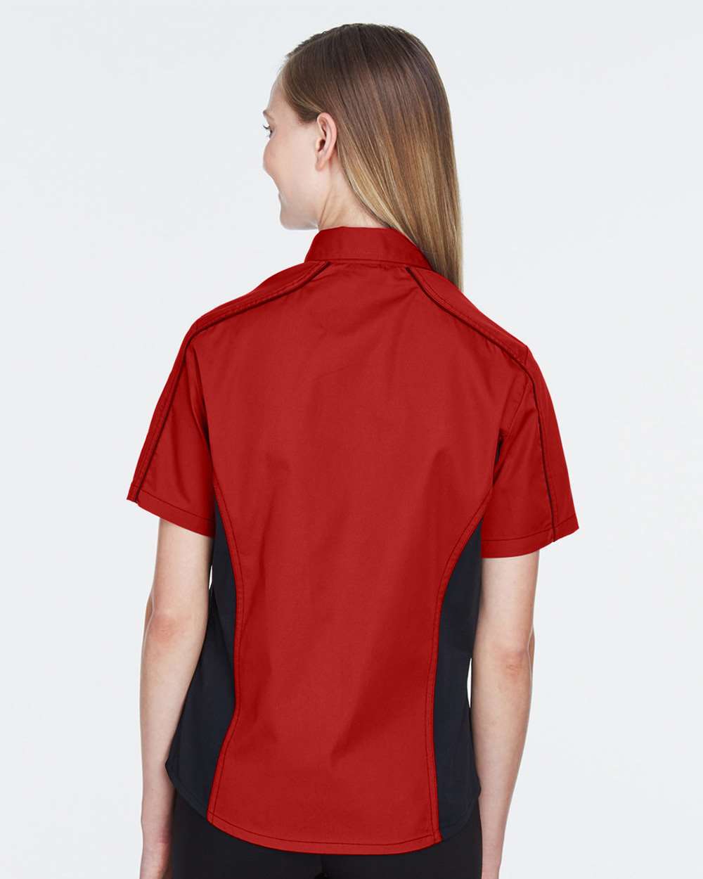 Women's Fuse Colorbloack Twill Short Sleeve Shirt - OnModelBack - B102D3702 - Classic Red/ Black
