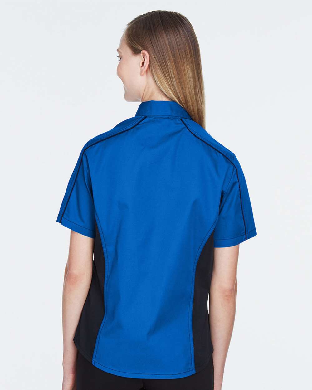 Women's Fuse Colorbloack Twill Short Sleeve Shirt - OnModelBack - B102D3752 - True Royal/ Black