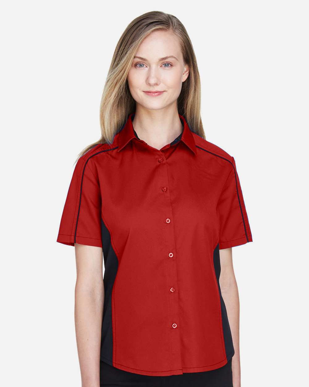 Women's Fuse Colorbloack Twill Short Sleeve Shirt - OnModelFront - B102D3702 - Classic Red/ Black