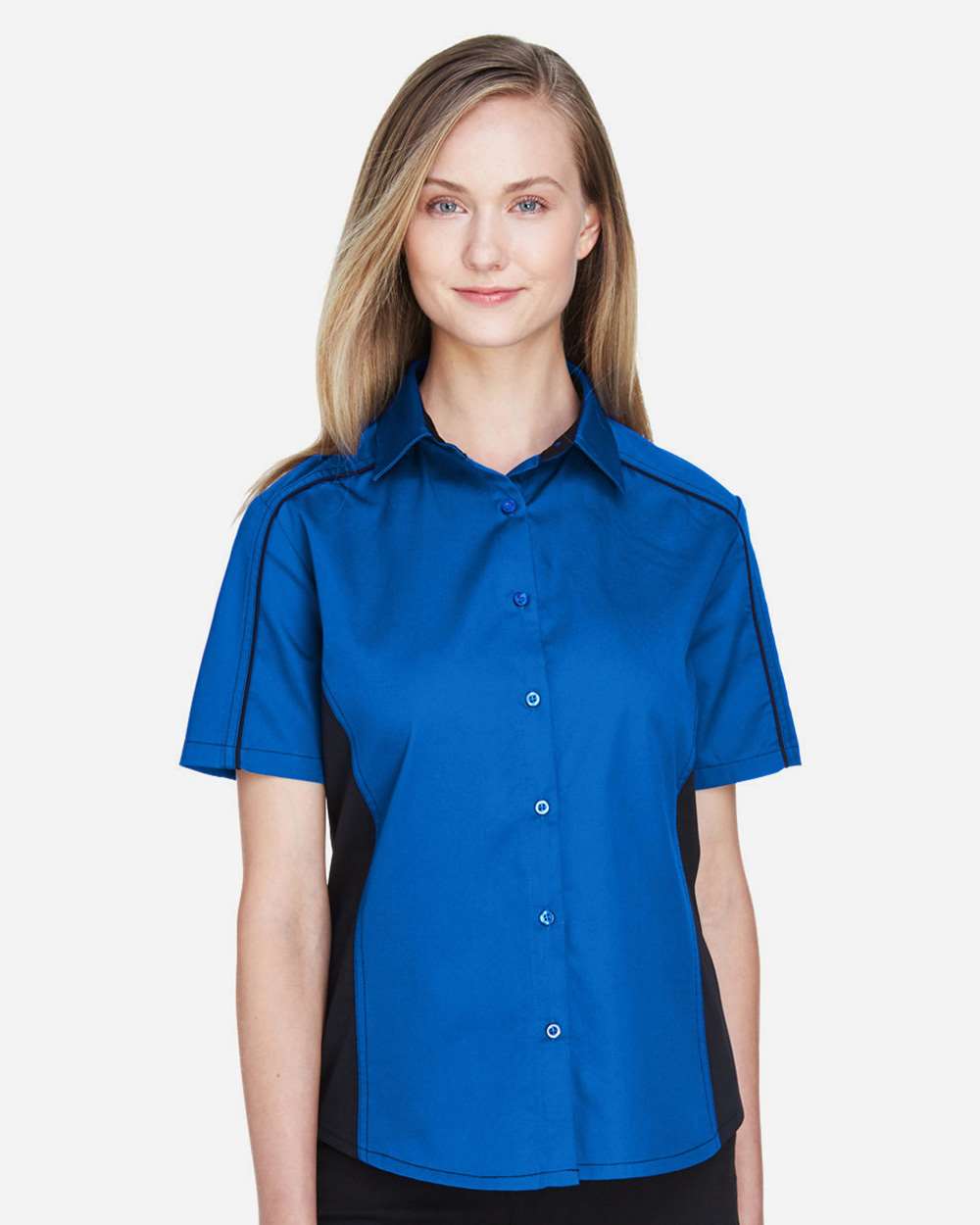 Women's Fuse Colorbloack Twill Short Sleeve Shirt - OnModelFront - B102D3752 - True Royal/ Black