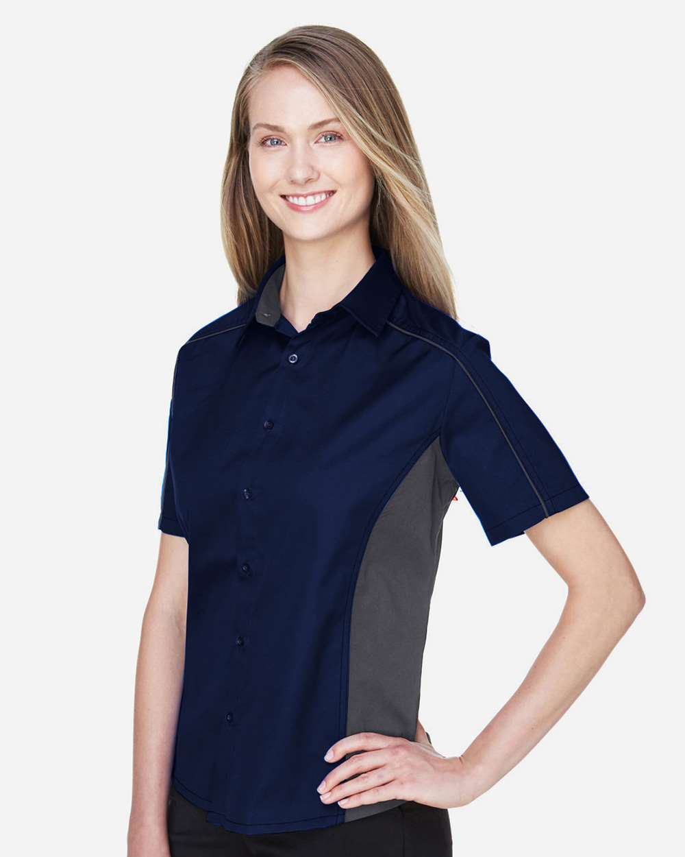 Women's Fuse Colorbloack Twill Short Sleeve Shirt - OnModelSide - B102D3652 - Classic Navy/ Carbon