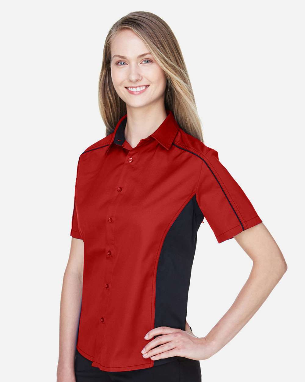 Women's Fuse Colorbloack Twill Short Sleeve Shirt - OnModelSide - B102D3702 - Classic Red/ Black