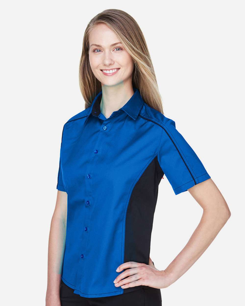 Women's Fuse Colorbloack Twill Short Sleeve Shirt - OnModelSide - B102D3752 - True Royal/ Black