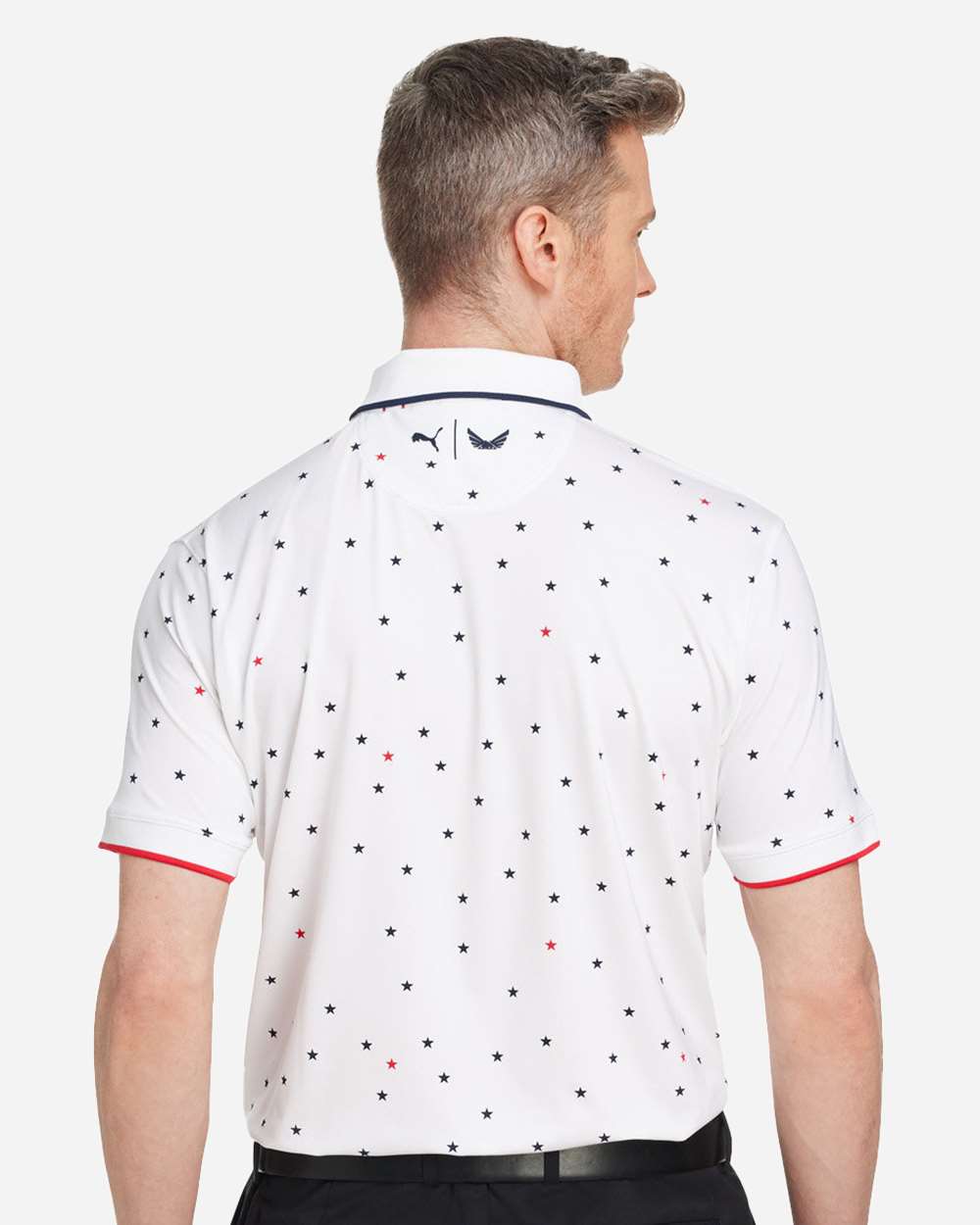 Men's Volition Skylight Patriotic Polo - OnModelBack - B16646003 - Bright White/ Navy Blazer