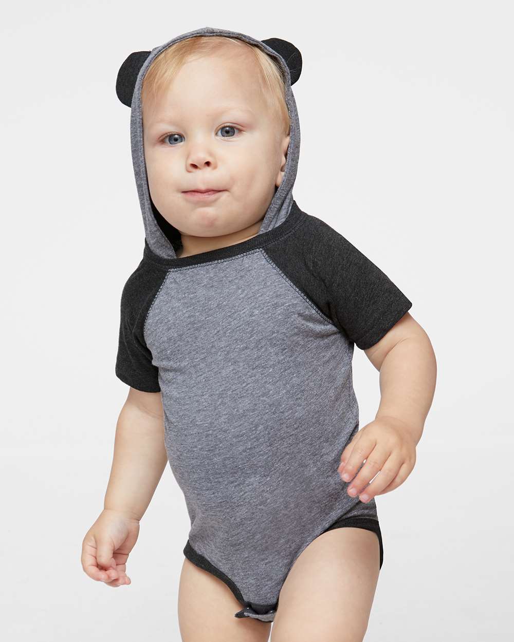 Infant Fine Jersey Raglan Bodysuit with Hood & Ears - OnModelFront - B70338121 - Granite Heather/ Vintage Smoke