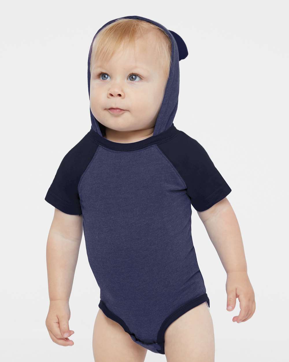 Infant Fine Jersey Raglan Bodysuit with Hood & Ears - OnModelFront - B70338641 - Vintage True Navy/ Navy