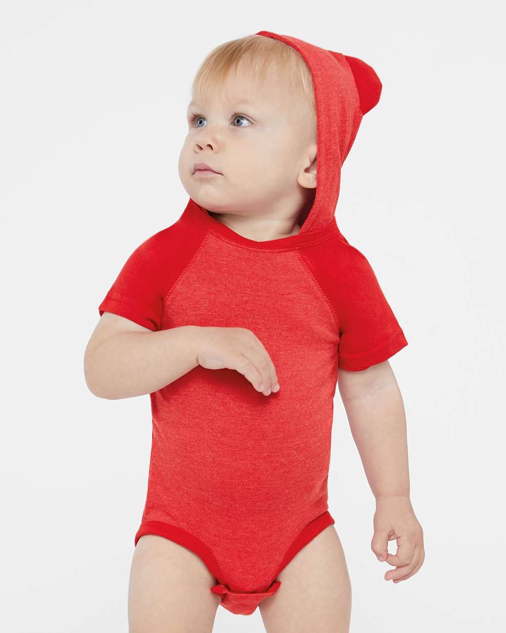 Infant Fine Jersey Raglan Bodysuit with Hood & Ears - OnModelFront - B70338701 - Vintage Red/ Red