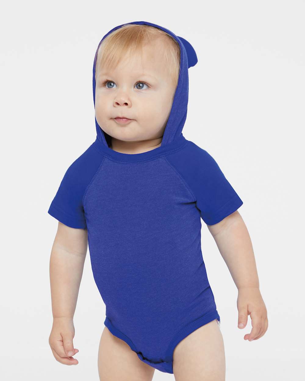 Infant Fine Jersey Raglan Bodysuit with Hood & Ears - OnModelFront - B70338751 - Vintage Royal/ Royal