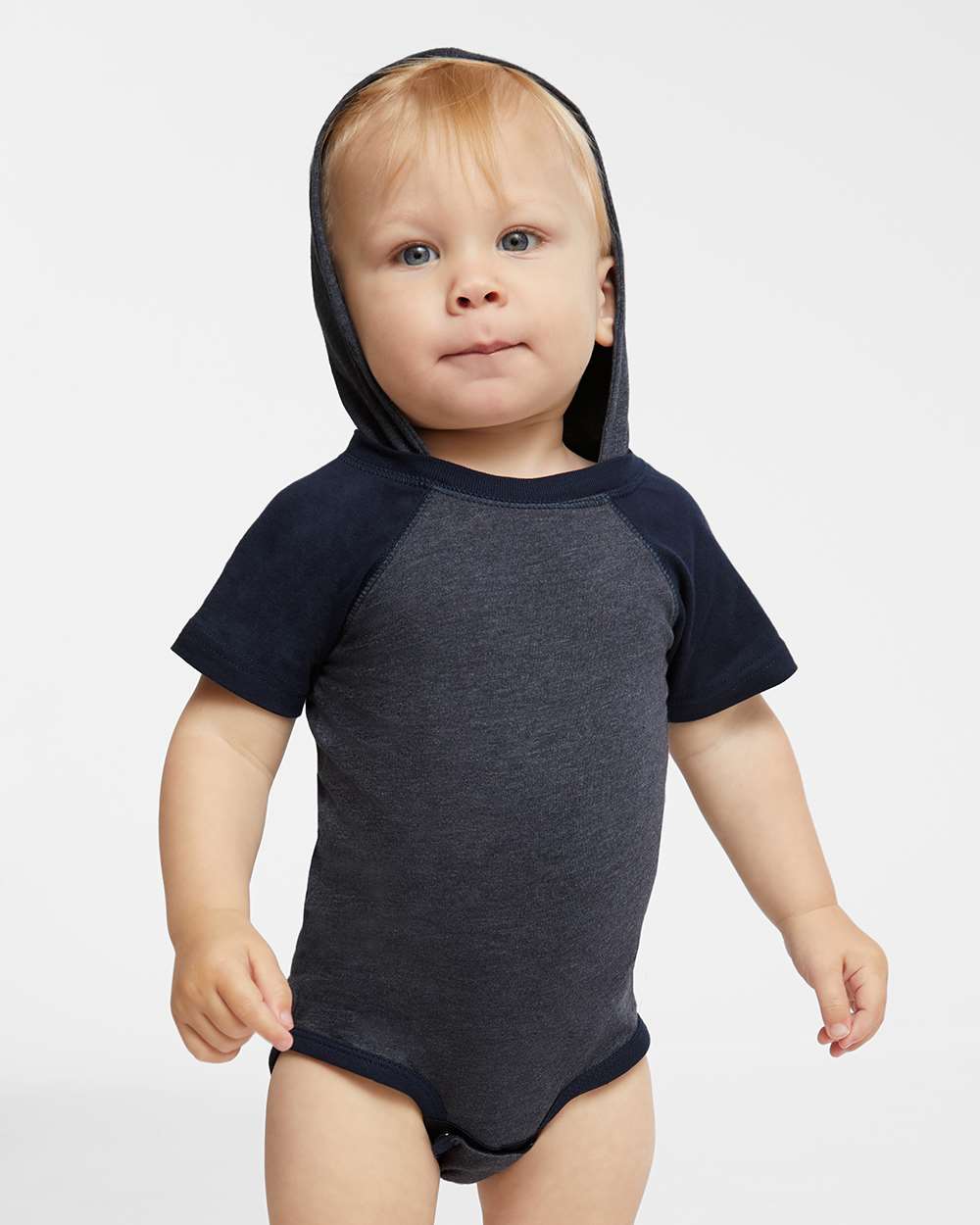 Infant Fine Jersey Raglan Bodysuit with Hood & Ears - OnModelSide - B70338652 - Vintage Navy/ Navy