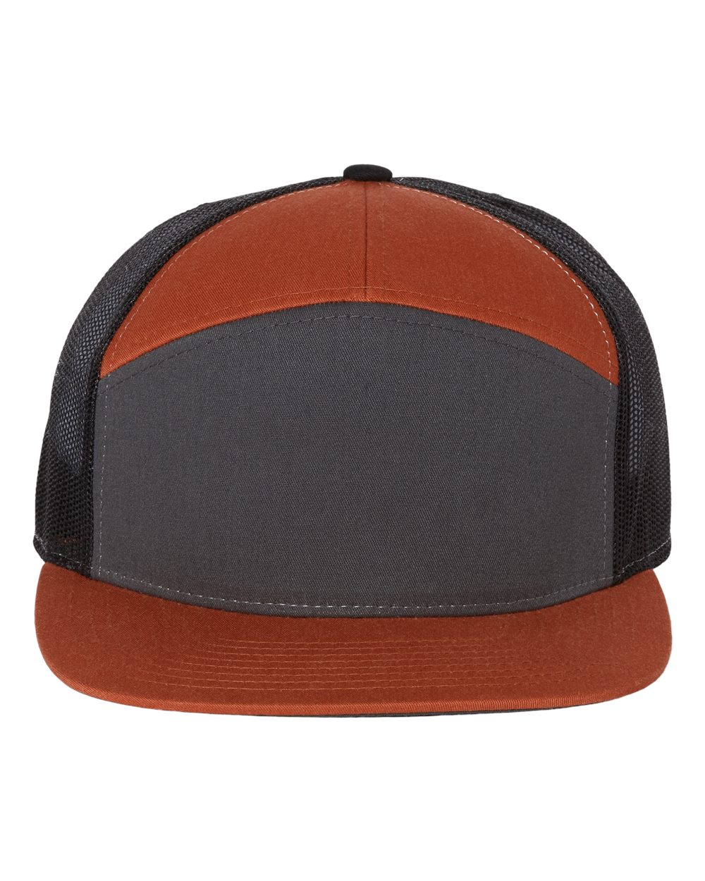 Seven-Panel Trucker Cap - Front - B71995530 - Charcoal/ Burnt Orange/ Black