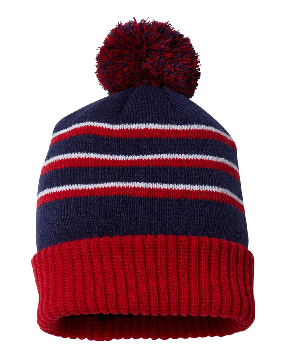 Pom Cuffed Beanie - Front - B54995130 - Navy/ Red/ White
