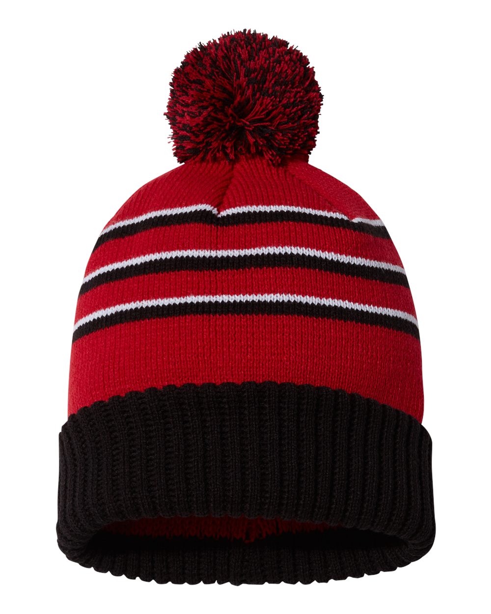 Pom Cuffed Beanie - Front - B54995140 - Red/ Black/ White