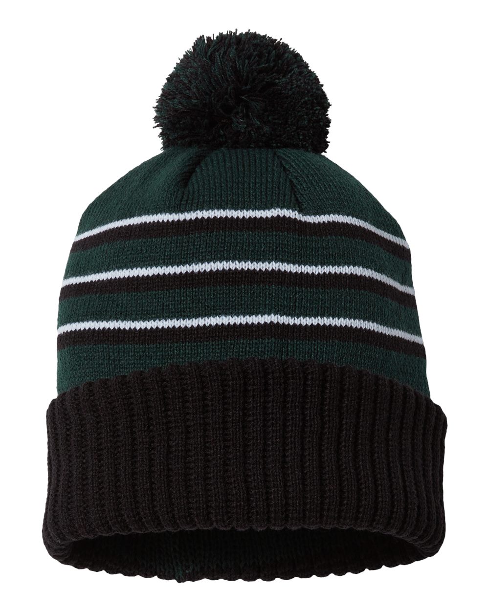 Pom Cuffed Beanie - Front - B54995540 - Dark Green/ Black/ White