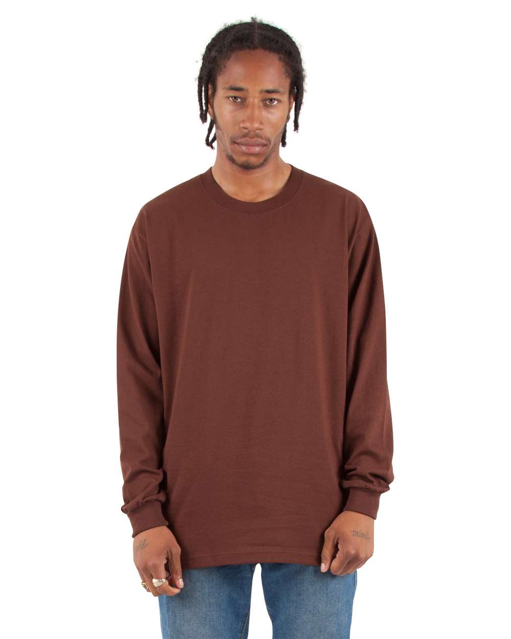 Men's Max Heavyweight Long Sleeve T-Shirt - OnModelFront - B275C2553 - Brown
