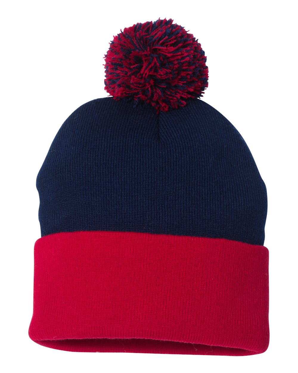12" Pom-Pom Cuffed Beanie - Back - B21595630 - Navy/ Red