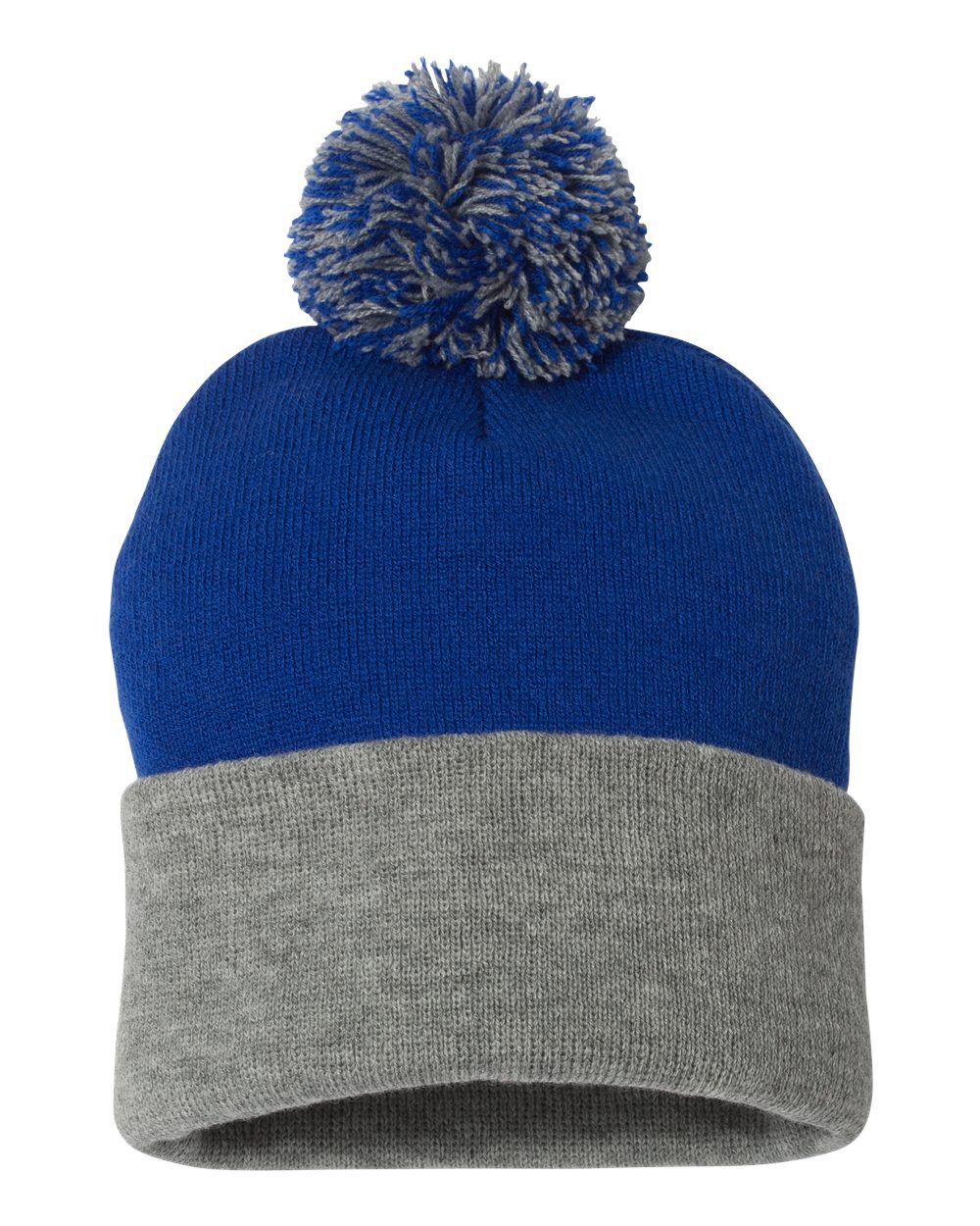 12" Pom-Pom Cuffed Beanie - Front - B21595180 - Royal/ Light Heather Grey