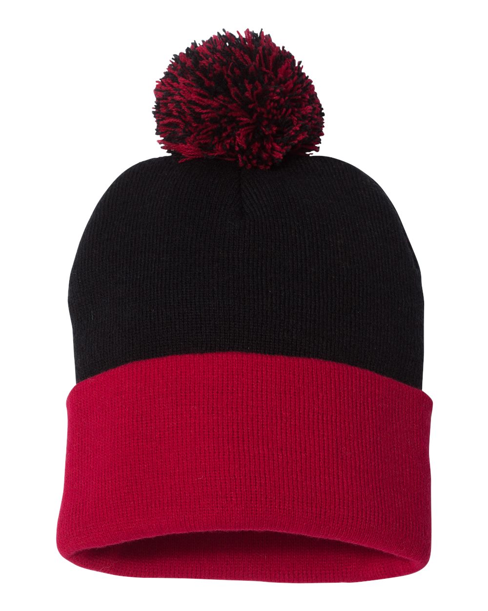 12" Pom-Pom Cuffed Beanie - Front - B21595510 - Black/ Red