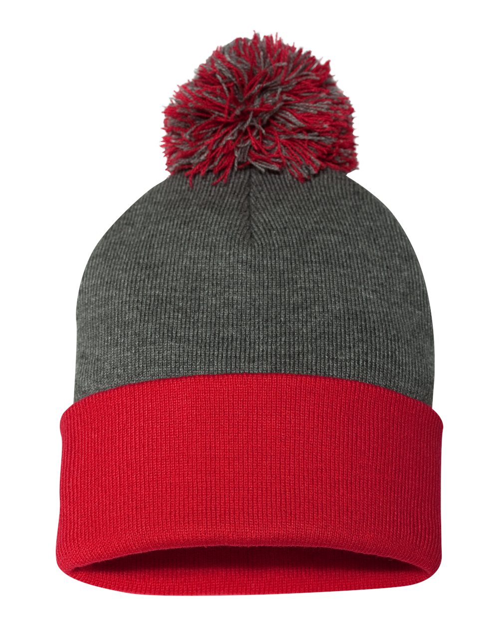 12" Pom-Pom Cuffed Beanie - Front - B21595560 - Dark Heather Grey/ Red
