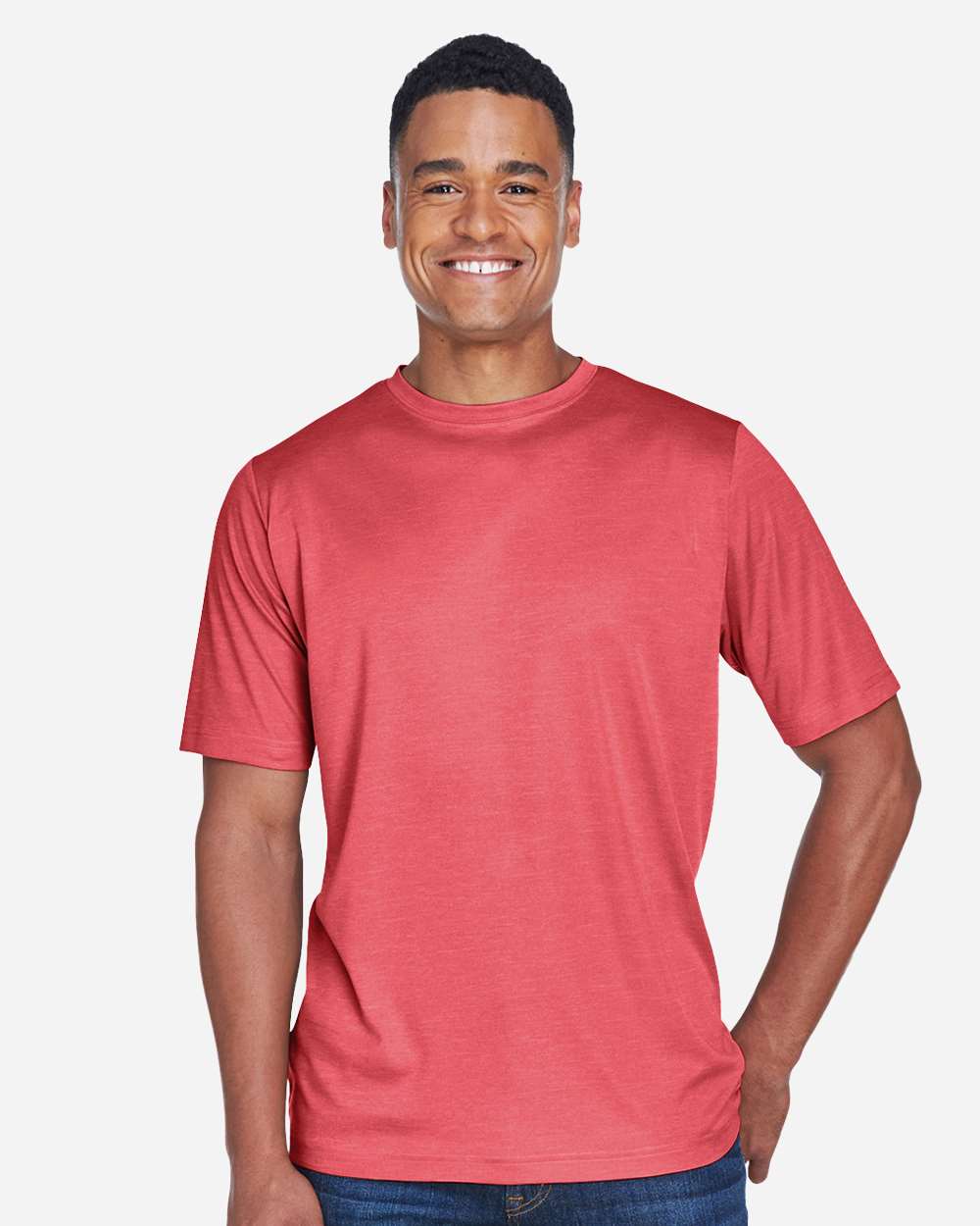 Men's Sonic Heather Performance T-Shirt - OnModelFront - B672D9702 - Sport Red Heather