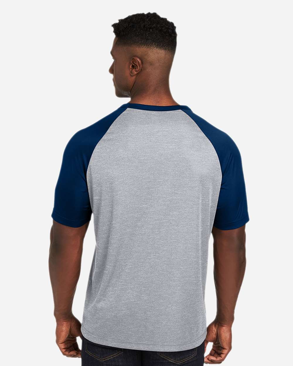 Unisex Zone Colorblock Raglan T-Shirt - OnModelBack - B725D9652 - Athletic Heather/ Sport Dark Navy