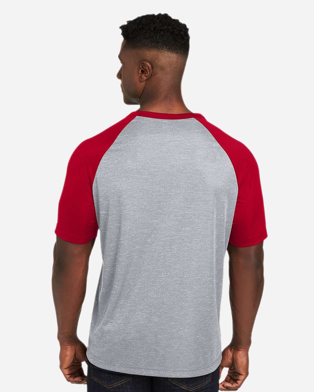 Unisex Zone Colorblock Raglan T-Shirt - OnModelBack - B725D9702 - Athletic Heather/ Sport Red