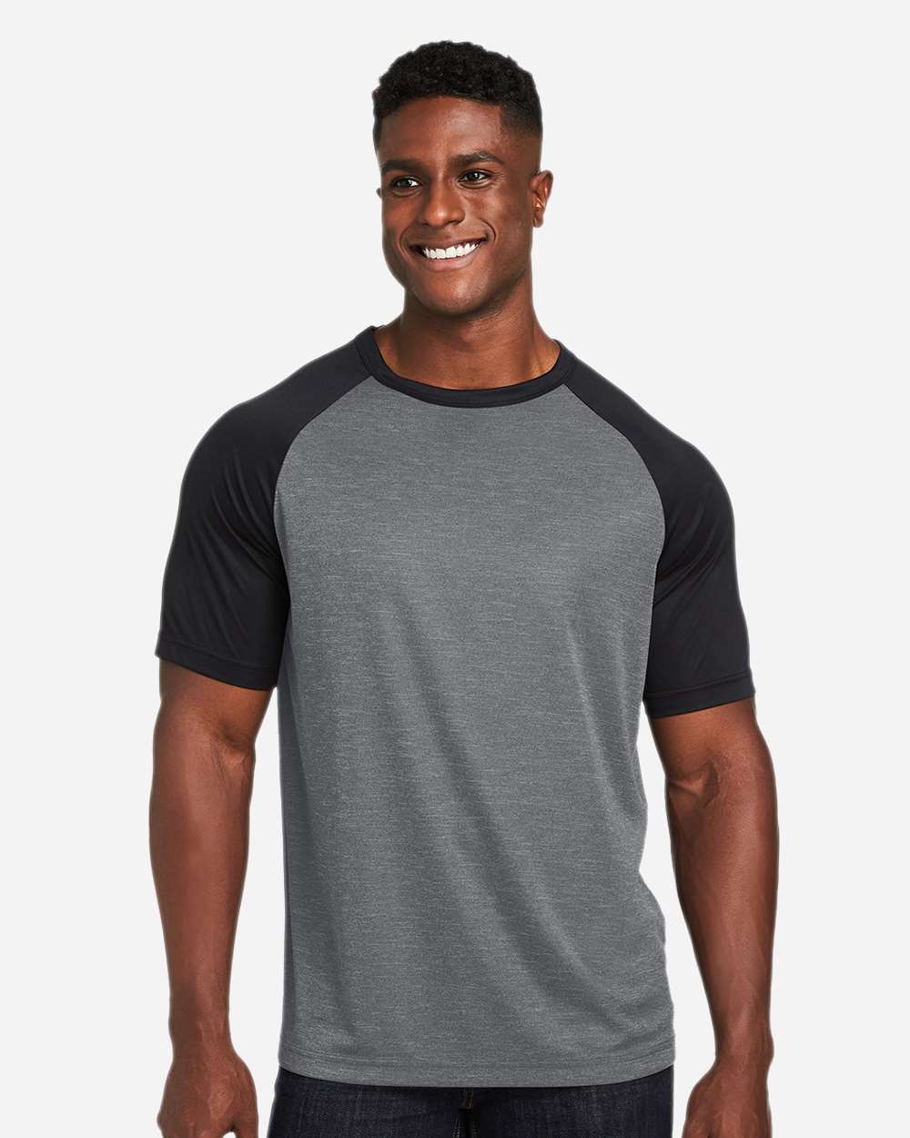 Unisex Zone Colorblock Raglan T-Shirt - OnModelFront - B725D9022 - Dark Grey Heather/ Black
