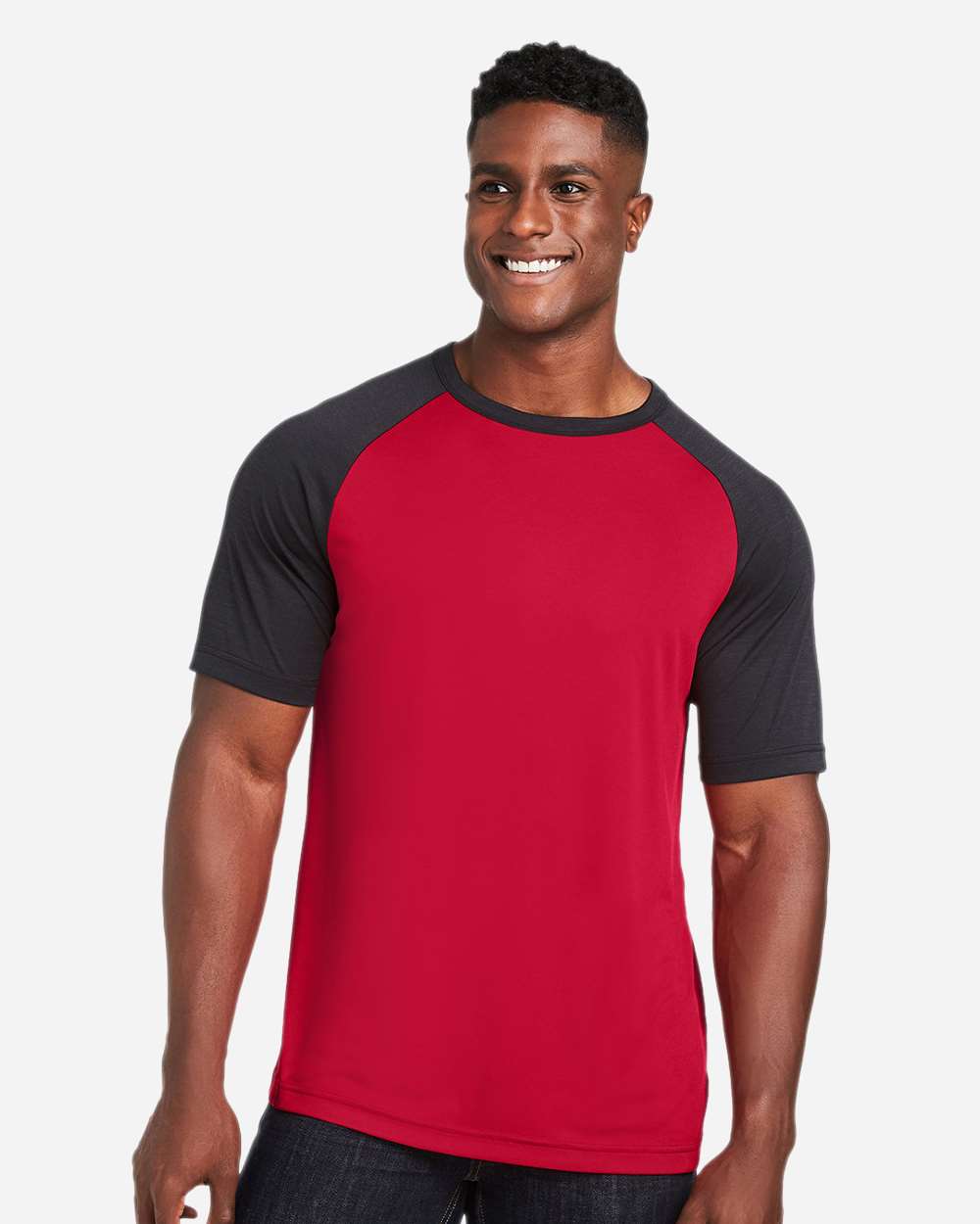 Unisex Zone Colorblock Raglan T-Shirt - OnModelFront - B725D9102 - Sport Red/ Black Heather