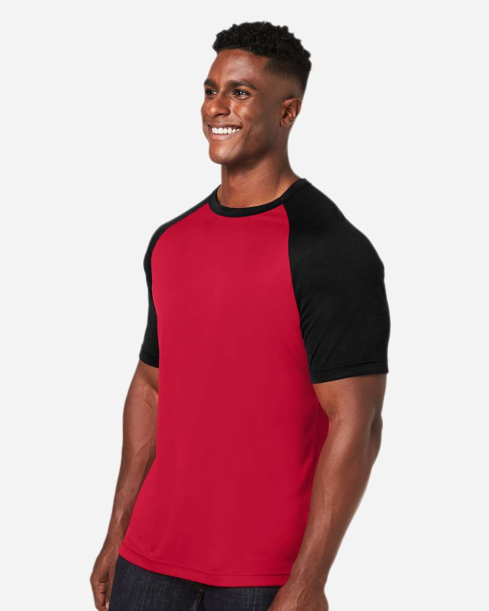 Unisex Zone Colorblock Raglan T-Shirt - OnModelSide - B725D9102 - Sport Red/ Black Heather