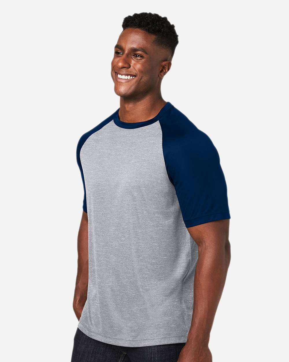 Unisex Zone Colorblock Raglan T-Shirt - OnModelSide - B725D9652 - Athletic Heather/ Sport Dark Navy