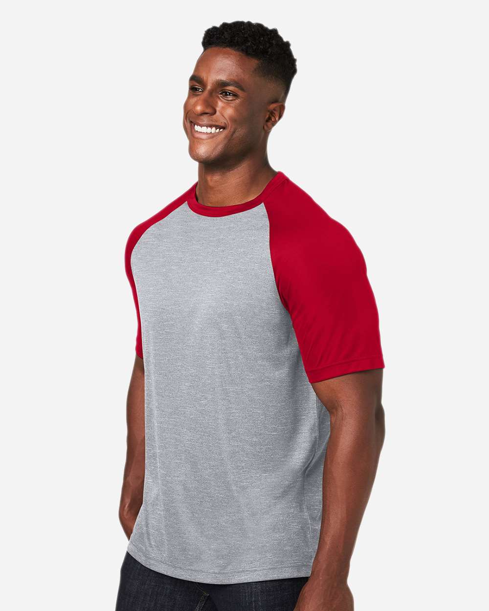 Unisex Zone Colorblock Raglan T-Shirt - OnModelSide - B725D9702 - Athletic Heather/ Sport Red