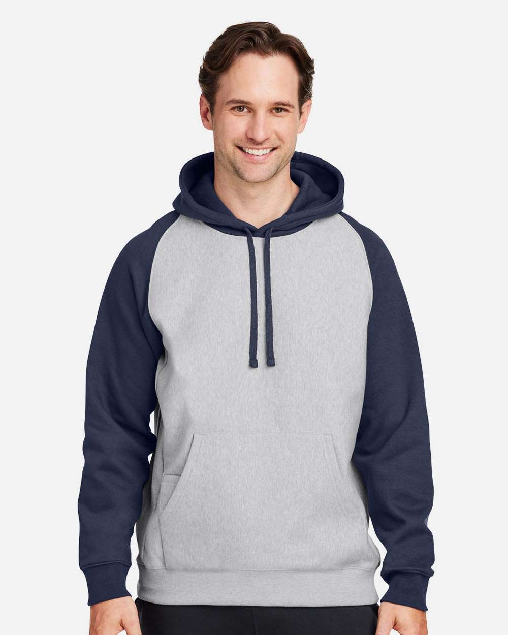 Unisex Zone HydroSport™ Heavyweight Colorblock Hooded Sweatshirt - OnModelFront - B760D9653 - Athletic Heather/ Sport Dark Navy