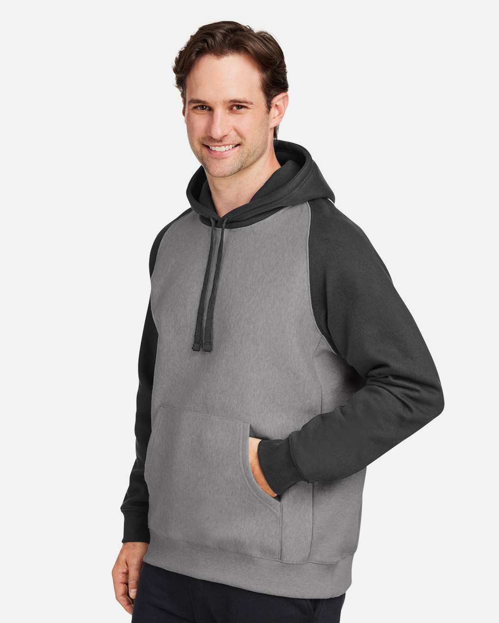 Unisex Zone HydroSport™ Heavyweight Colorblock Hooded Sweatshirt - OnModelSide - B760D9025 - Dark Grey Heather/ Black