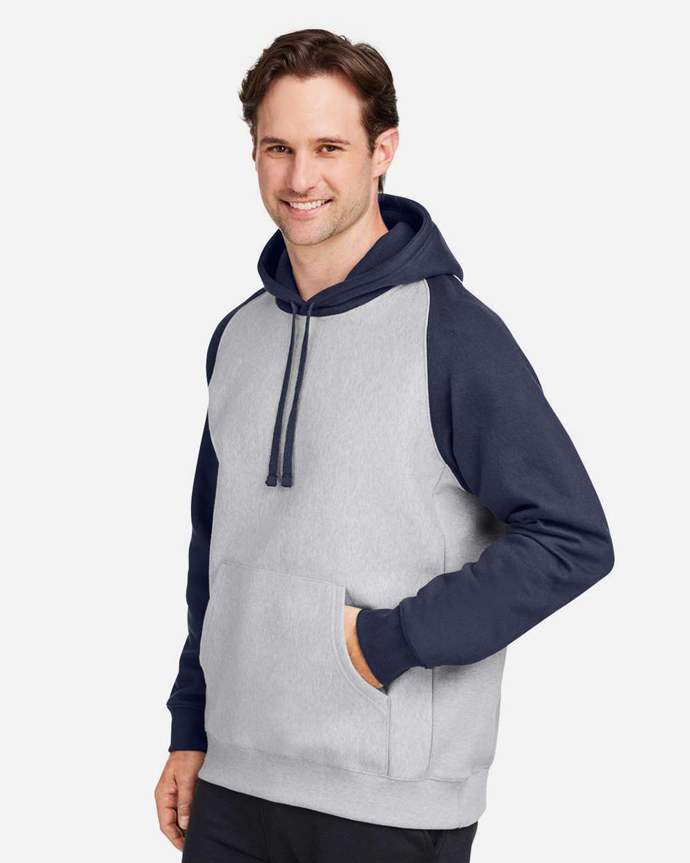 Unisex Zone HydroSport™ Heavyweight Colorblock Hooded Sweatshirt - OnModelSide - B760D9653 - Athletic Heather/ Sport Dark Navy